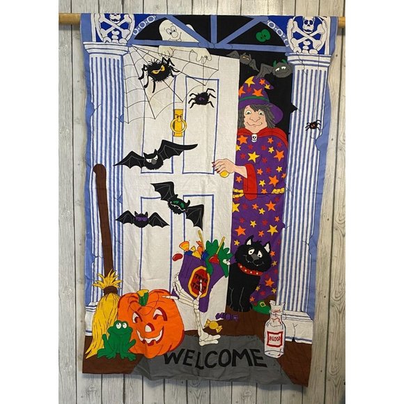 Vtg Halloween Decor Fabric Door Panel Tapestry Witch Bats Spider Jack 'O Lantern - Picture 1 of 10